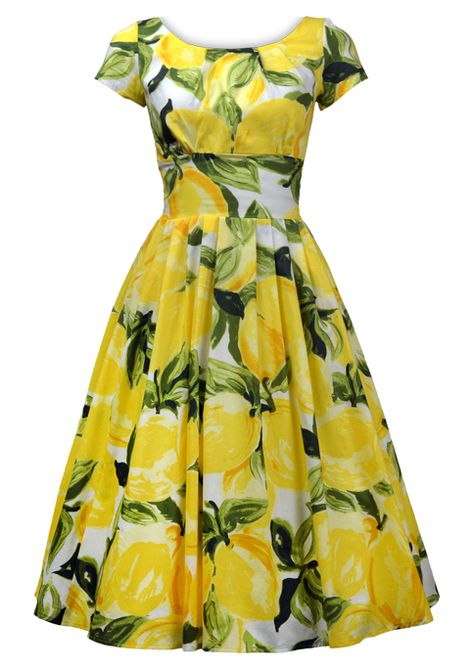 Lemon Print Dress, Juicy Lucy, Fashion 50s, Lemon Dress, Classy Dress Outfits, 50s Dresses, Vintage Style Dresses, 50s Fashion, 1950s Fashion