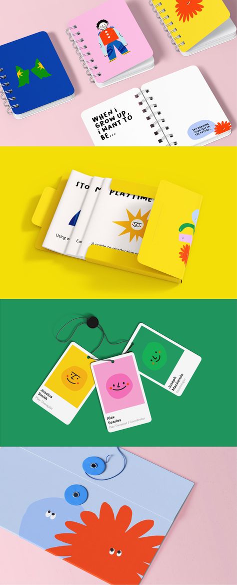 Fun, bright, bold branding and stationary for a children's play therapy clinic using playful typography and bright colors to create a welcoming and inviting brand for children. Logo, branding, stationary, bold, bright, design, therapy, children, playful, colorful, colourful, contemporary, shapes