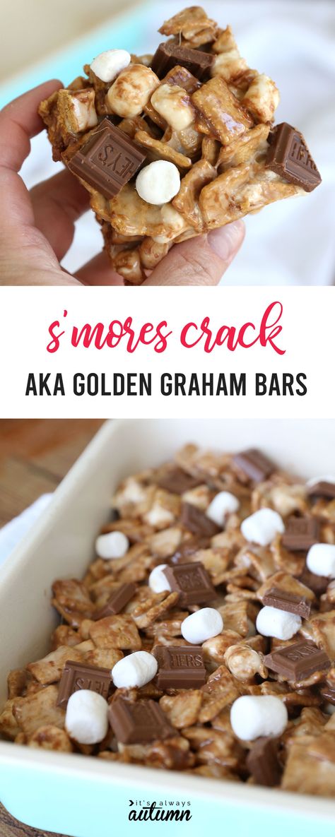 Golden Graham Bars (aka S'mores Crack) - It's Always Autumn Smores Bars With Golden Grahams, Golden Grahams Treats, Golden Graham Smores Bars, Golden Graham Bars, Golden Graham Treats, Graham Bars, Golden Graham Smores, Golden Grahams Smores Bars, Smores Bar Recipe