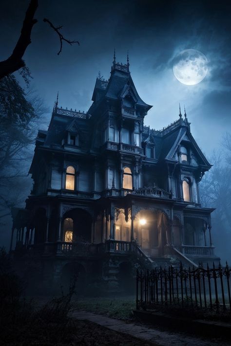 Eerie luminescence pervades an ancient Victorian mansion by FLUPPY FF - Playground Gothic House Exterior, Halloween Screensavers, Creepy Mansion, Halloween Mansion, Haunted House Pictures, Academia Library, Dark Academia Library, Spooky Mansion, Gothic Mansion