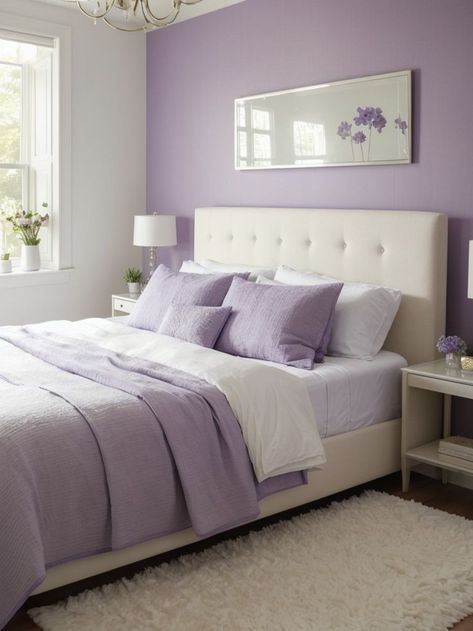 Purple And White Bedroom Ideas, Purple Wall Bedroom, Purple And White Bedroom, Room Color Ideas Bedroom, Purple Accent Wall, Lavender Bedroom, Purple Bedroom Decor, Purple Room Decor, White Bedroom Design