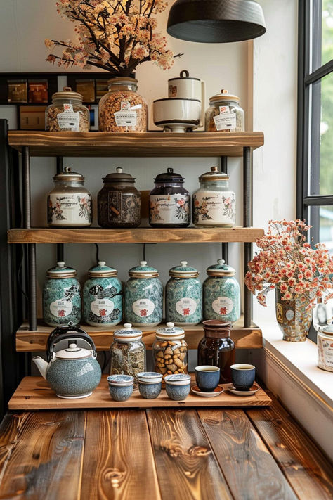 35 Amazing Tea Station Designs for Tea Lovers Tea Collection Display, Tea Storage Aesthetic, Diy Tea Bar Station, Tea Cupboard Ideas, Loose Leaf Tea Station, Tea Making Station, Tea Cabinet Organization, Kitchen Tea Themes, Tea Station At Home