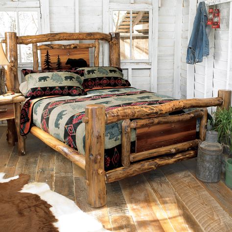 Aspen Creek Log Bear Bed - A metal art black bear scene on the headboard is the focal point of the eco-friendly Aspen Creek Log Bear Bed and matching nightstand... Log Bed Frame, Wood Furniture Bedroom Decor, Mountain Cabin Decor, Western Things, Rustic Bed Frame, Log Bed, Rustic Bedroom Furniture, Rustic Headboard, Wood Bedroom Furniture