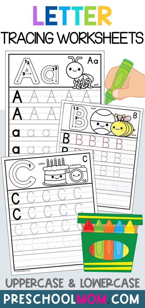 Free letter tracing worksheets for preschool, early elementary, and homeschool students! Practice letter formation and improve handwriting skills with these fun tracing pages! #letters #alphabet #tracingworksheets #preschoolprintables #traceandwrite #coloring #alphabettracing Prek Abc Worksheets, A Tracing Worksheets Preschool, Free Letter Practice Printables, Letter A Tracing Worksheets For Preschool, Alphabet Letter Tracing Worksheets, Uppercase Letter Worksheets For Preschool, Trace Abc Printable Worksheets, Alphabet Letter Writing Practice, Prek Letter Worksheets