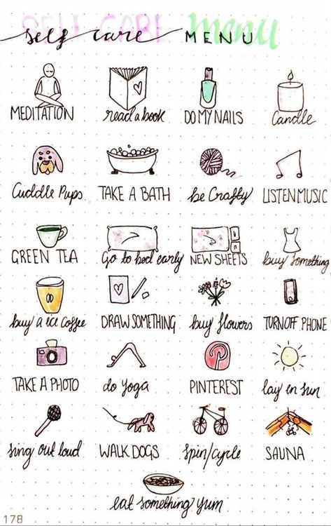 My Self Care Menu for my Bullet Journal Self Care Menu, Studie Hacks, Self Care Bullet Journal, Vie Motivation, My Self, Care Quotes, Self Care Activities, Hand Care, Bullet Journal Ideas Pages