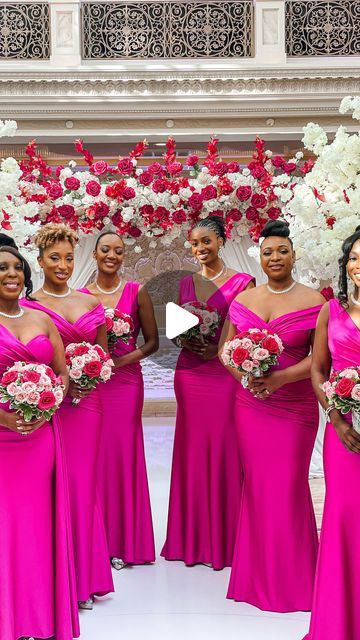 NJ Wedding Planner | Wedding Day Coordinator on Instagram: "The fuschia bridesmaid dresses from @bridalreflectionsny were absolutely stunning! The color was perfect and complemented the different skin tones and body shapes beautifully.  Bride @my_toy   Wedding coordinator + Bts @weddingsbynatasha   Decor @royalbackdrops   #jerichoterrace #weddingcoordinator #wbn #longislandbrides #blackbridesmaids" Magenta Bridesmaids Dresses, Fuschia Wedding Dress, Fuschia Bridesmaid, Magenta Wedding Theme, Fuchsia Wedding Theme, Magenta Bridesmaid Dresses, Fuschia Bridesmaid Dresses, Fuschia Pink Dress, Fuchsia Bridesmaid Dresses