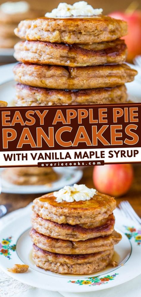 Cinnamon Apple Pancakes (with Vanilla Maple Syrup!) - Averie Cooks Apple Pancakes Easy, Vanilla Maple Syrup, Apple Spice Pancakes, Mini Apple Pancakes, Apple Pie Pancakes Recipes, Apple Butter Pancakes, Pancakes With Apples, Apple Cinnamon Pancakes Easy, Maple Pancakes Recipe