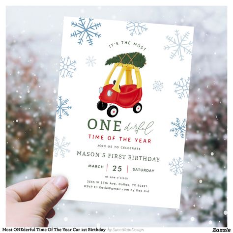 Most ONEderful Time Of The Year Car 1st Birthday Invitation | Zazzle First Birthday Boy December, December Baby Birthday, Yeti Party, Car 1st Birthday, December Birthday Parties, First Birthday Theme Boy, Winter Onederland Birthday, Boy Birthday Party Themes, One Year Birthday