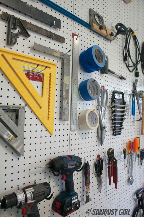 How to create a Pegboard organization wall - Sawdust Girl® Tool Pegboard, Garage Organization Shelves, Pegboard Garage, Garage Organization Tips, Garage Organisation, Pegboard Organization, Shed Organization, Garage Tool Storage, Tool Room