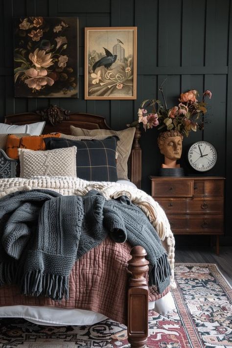 Vintage Charm Meets Modern Mystery: 25 Dark Cottage Core Bedroom Ideas Cottagecore Master Bedrooms Decor, Moody Whimsical Bedroom, Dark Academia Bedspread, Moody Cottage Core Living Room, English Traditional Bedroom, Moody Cottage Aesthetic, Small Cottage Core Bedroom, Dark Moody Bedding, Vintage House Bedroom