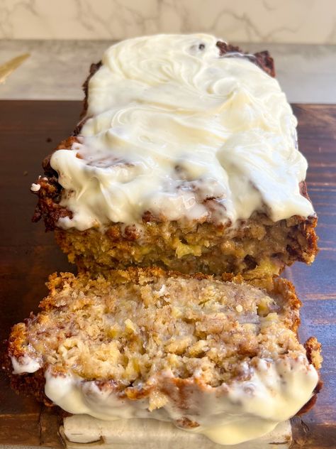 Banana Bread Cinnamon Rolls With Peanut Butter Cream Cheese Frosting, Iced Banana Bread, Banana Fall Recipes, Banana Cinnamon Swirl Bread, Banana Bread Wrapping Ideas, Leftover Banana Recipes Healthy, Cinnamon Roll Banana Bread, Banana Bread Variations, Ripped Banana Recipes