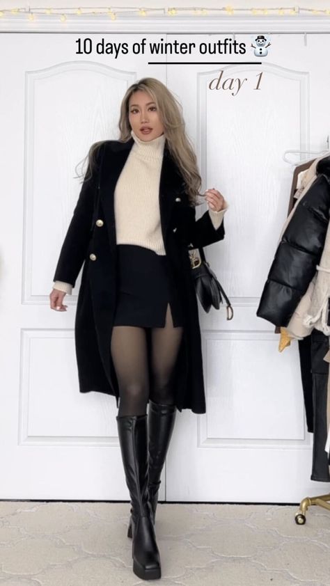 Winter Outfits Stockings Tights, Boots And Short Skirts Outfits, Skirt Outfits With Stockings Black, Fleece Tights Outfit Winter, Beige And Black Skirt Outfit, Thermal Stockings Outfit, Black Skirt Black Tights Outfit Winter, Black Winter Skirt Outfit, Fleece Leggings Outfit Skirt