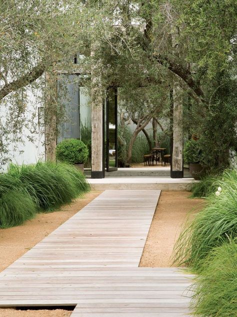 These 14 modern backyard paths made from wood, concrete, and stone are contemporary in style and function, connecting areas of homes creatively. Wood Walkway, Taman Air, Low Water Gardening, Decomposed Granite, Walkway Landscaping, Pathway Landscaping, Walkways Paths, Wooden Walkways, Front Garden Design