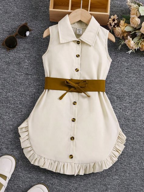 Apricot Cute Collar Sleeveless Woven Fabric Plain Shirt Embellished Non-Stretch  Young Girls Clothing Kids Dress Clothes, Girl Western, Upcycled Dress, Blouse Casual Fashion, Kids Frocks Design, Kids Dress Wear, Kids Dress Patterns, Kids Fashion Dress