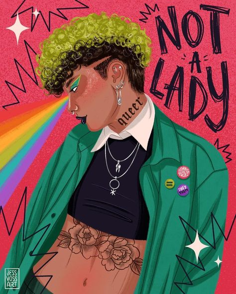 Gender-nonconforming by Jess Vosseteig   #procreateart #illustratorsofinstagram #lgbtqartist #feministart #queerart #queerartist #gendernonconformity #nonbinaryfemme #nonbinarygender #lgbtq+ #portrait #portraiture #portraitartist Queer Character Art, Black Lgbtq Art, Gender Euphoria Art, Gender Fluid Tattoo Ideas, Gender Queer Art, Gender Nonconforming Aesthetic, Fem Ftm, Non-binary Art, Gender Dysformia Art