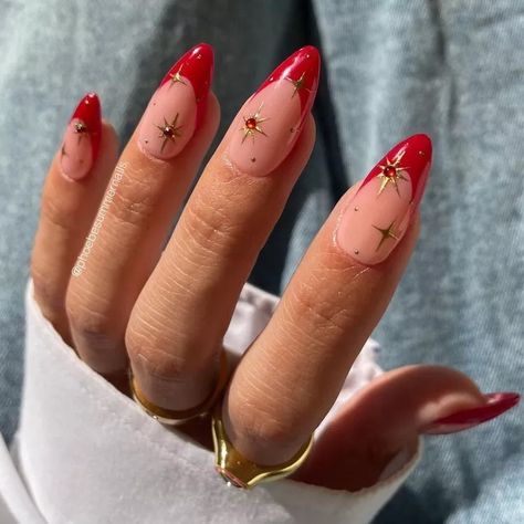 26 Long French Nail Ideas You're Bound to Love Trendy Tapered Square Nails, Coffin Festival Nails, Red Nails With Stars Design, Nail Art For Red Dress, Mistletoe Acrylic Nails, Holiday Nails Oval Shape, Red Gel Tips Nails, Cute Almond Nails Christmas, Cute Red Heart Nails