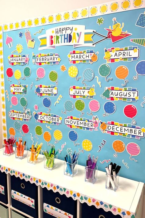 Create a happy space with colorful classroom decor using the Happy Place Birthday bulletin board set by Carson Dellosa Class Birthday Display, Birthday Chart Classroom, Birthday Bulletin Board, Preschool Birthday, Polka Dot Classroom, Birthday Board Classroom, Kindergarten Decorations, Class Birthdays, Birthday Bulletin Boards