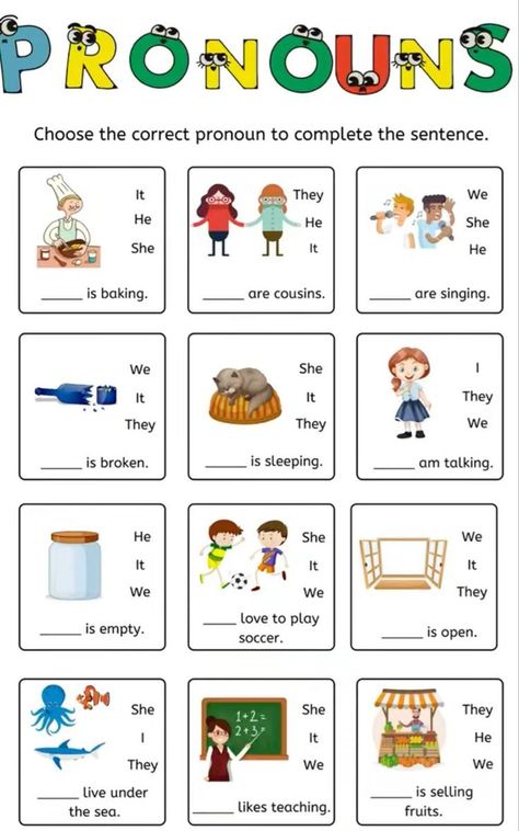 This is a fun worksheet to practice pronouns with your EFL students. Worksheet Pronouns, English Pronouns, Therapy Homework, Teach English To Kids, English Grammar For Kids, English Worksheets For Kindergarten, Grammar For Kids, English Teaching Materials, English Activities For Kids