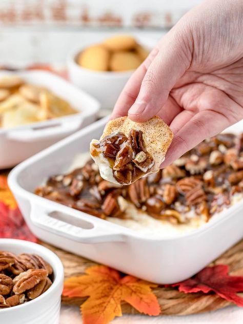 Pecan Pie Dip Entirely Elizabeth, No Bake Pecan Pie Dip All Recipes, No Bake Pecan Pie Dip, Pecan Pie Dip Recipe, Pecan Pie Dip, Pie Crust Chips, Entirely Elizabeth, Gooey Pecan Pie, Apple Pie Dip