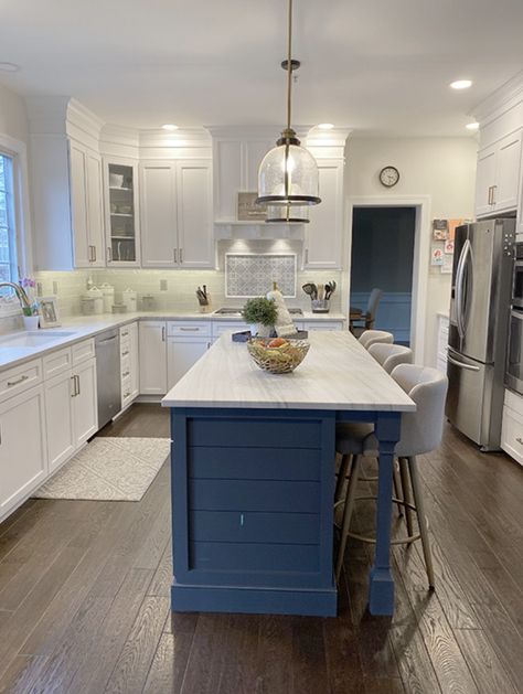 Grey And Dark Blue Kitchen, Kitchen Island Blue Paint Color, Navy Kitchen Island Lighting, Aristokraft Admiral Blue Cabinets, Island For Small Kitchen Ideas, Gray Cabinets With Blue Island, Blue Island In Kitchen, Blue Islands In Kitchen, Blue Kitchen Island White Cabinets