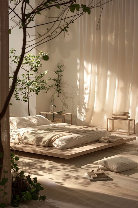 Bedroom Inspiration Cozy Minimalist, On Floor Bed Ideas, Organic Rustic Bedroom, Lively Bedroom Ideas, Simplistic Interior Design, Modern Cozy Home Interior Design, Zen Minimalist Bedroom, Japanese Interiors Minimalistic, Grounding Bedroom