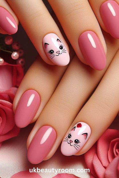 Nail Art Cat Designs, Nail Art Pink Designs, Long Nails For Kids, Nail Art Light Pink, Art Nails Design Ideas, Pink Nails Design Ideas, Gel Polish Nail Design, Cute Pink Nail Designs, Pink Nail Art Ideas