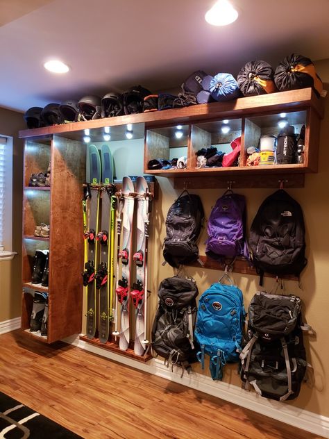 Outdoor Gear Storage, Camping Gear Storage, Adventure Room, Gear Room, Ski Rack, Upcycled Furniture Diy, Ski House, Ski Storage, Garage Storage Organization