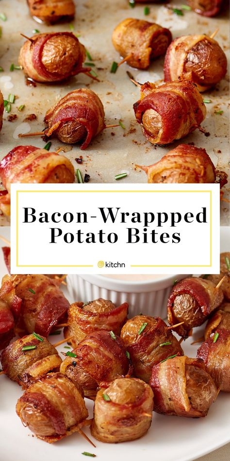 Party Snacks For Adults Appetizers, Sour Cream Dipping Sauce, Bacon Wrapped Potatoes, Bacon Wrapped Appetizers, One Bite Appetizers, New Years Appetizers, Bowl Party Food, Bacon Appetizers, Appetizers For A Crowd