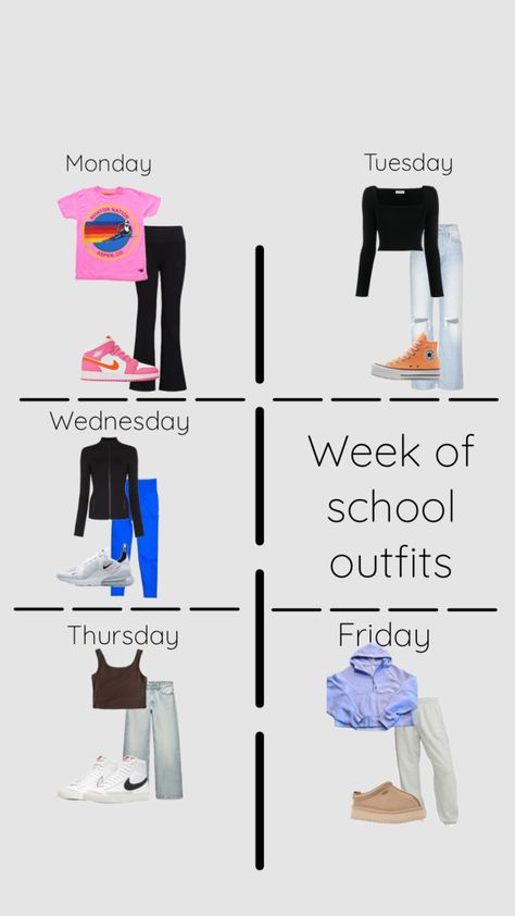 A week of school outfit ideas! #outfitinspo #outfit #outfitcheck #inspo School Outfit Ideas, Outfit Planner, School Week, Outfits For School, Trendy Fits, Weekly Outfits, School Fits, Mini Me, School Outfit