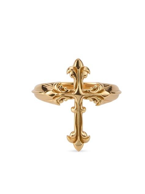 gold-tone 24kt gold-plated sterling silver court band signature Cross motif polished finish Cross Jewelry Gold, Filipino Gold Jewelry, Cool Rings Gold, Gold Punk Jewelry, Gold Fantasy Jewelry, Gold Mexican Rings, Latina Rings, Gold Gothic Jewelry, Cool Gold Rings