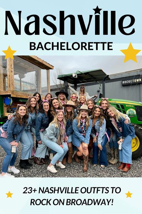 20+ woman all dressed in denim on denim country attire. They are wearing pink sunglasses and cowboy boots and jean jackets Dress For Nashville Outfit Ideas, Nashville Airport Outfit, Nashville Outfit Themes, Nashville Themed Outfits, Nashville Bachelorette Party Themes Outfits, Nashville Outfits March, Nashville Outfits Bachelorette Party, Nashville Bachelorette Outfits, Western Bachelorette Party Outfits