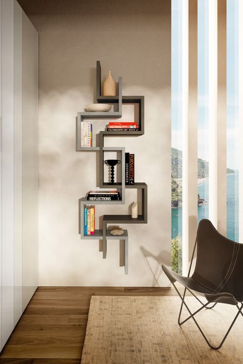 Modern Bookshelf Design, Geometric Shelves, Modern Wall Shelf, Unique Shelves, Bookcase Design, Modern Bookcase, Bookshelf Design, Shelf Design, Book Shelf