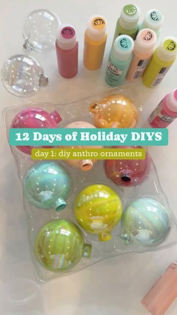 Diy Colored Ornaments, Anthropologie Christmas Ornaments Diy, Anthropology Christmas Ornaments, Anthro Inspired Ornaments, Crafts With Clear Ornaments, Diy Christmas Balls Clear Glass Photo Ornaments, Pastel Ornaments Christmas Tree, Diy Bright Christmas Decorations, Anthro Inspired Christmas Diy