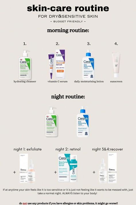 a skin-care routine for dry&sensitive skin; budget friendly ;) #WhatIsMeaningOfOralCare Skin Care Routine Sensitive Dry, Skincare Routine For Acne Prone Sensitive Skin, Good Skin Care For Sensitive Skin, Facial Care For Sensitive Skin, Daily Face Care Routine For Dry Skin, Very Sensitive Skin Care, Cerave Dry Skin Routine, Skincare Products Sensitive Skin, Good Skincare Products For Dry Skin