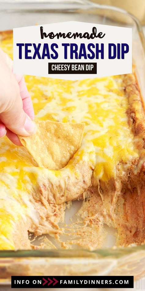 If you want to add a new staple to your favorite dip recipes, then Texas trash dip is just perfect for you. You only need a few simple ingredients to make this quick and easy super bowl dip. It is the perfect blend of cream cheese, sour cream, refried beans, taco seasoning and cheese. Lots of cheese! This hot bean dip is gooey, comforting and the perfect mix of flavors. You can serve Texas trash dip at parties, on game day, Cinco de Mayo or at any Mexican inspired dinner party. Serve this best Trash Dip Recipe, Mexican Inspired Dinner, Super Bowl Dip, Hot Bean Dip, Warm Dip Recipes, Easy Bean Dip, Texas Trash Dip, Refried Bean Dip, Super Bowl Dips