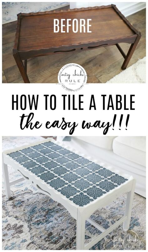 How To Tile A Table Top....easier than you think! Use this simple trick to tile all the things...furniture, decor and more! artsychicksrule.com #howtotile #tileatabletop #blueandwhitetile #furnituremakeover #paintedfurniture White Tile Table, Scalloped Table, Leftover Tile, Furniture Repurposing, Tile Top Tables, Tile Diy, How To Tile, Tile Tables, Tile Furniture