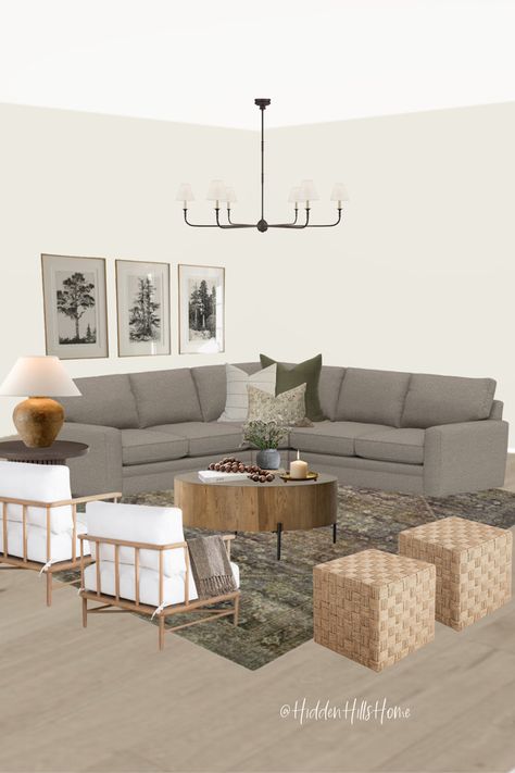 Cozy living room design board with a sectional sofa and two accent chairs! This living room follows a modern classic style with warm tones! Grey Couch Beige Chairs, Cozy Living Room Sectional Layout, Living Room Chair Set Up, Gray Sectional And Accent Chairs, Accent Chairs For Living Room Gray Couch, Grey Sectional With Accent Chairs, Grey Sofa With Accent Chair, Sectional Living Room With Accent Chair, Charcoal Gray Sofa Living Room Decor