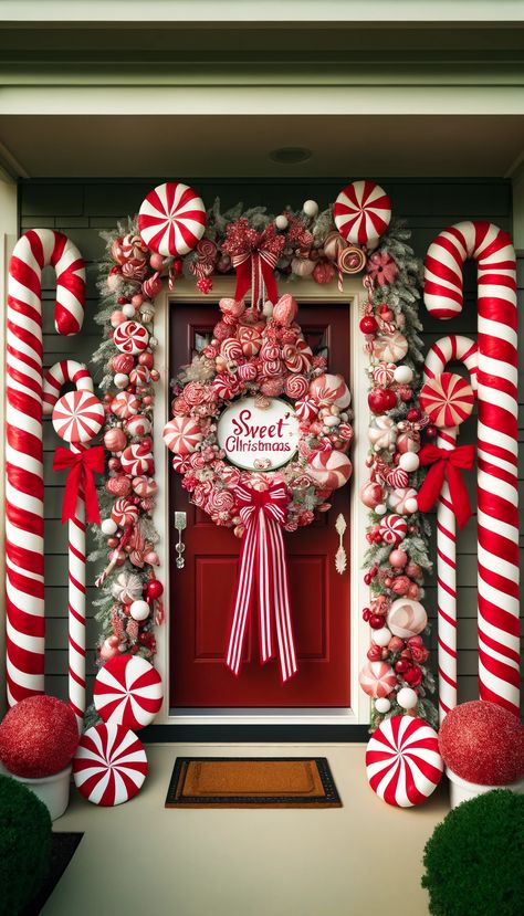 🎄 21 Stunning Christmas Door Decorating Ideas to Wow Your Neighbors 🎅✨ Peppermint Ornaments, Easy Outdoor Christmas Decorations, Christmas Door Decorating Contest, Gingerbread Christmas Decor, Peppermint Christmas, Christmas Front Doors, Cosy Christmas, Christmas Themes Decorations, Christmas Porch Decor