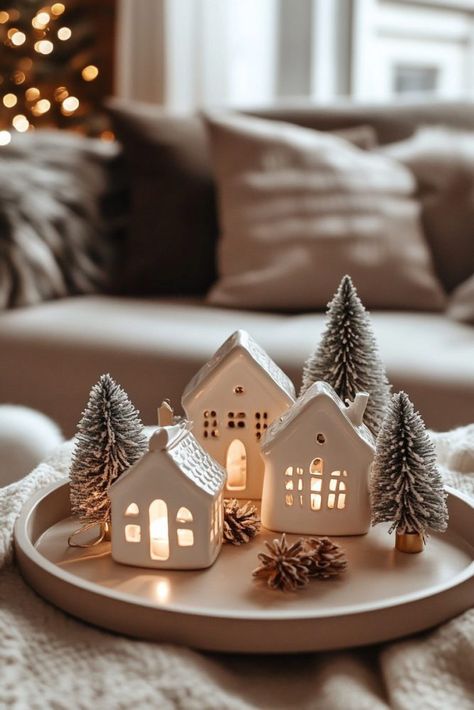 Christmas Village Console Table, Boho Christmas Village, Minimal Christmas Village, Creative Co Op Christmas, Christmas Village On Dining Table, Cream And Black Christmas Decor, Christmas Tree Table Decorations Centerpiece Ideas, Advent Arrangements Christmas Tables, Wood And White Christmas Decor