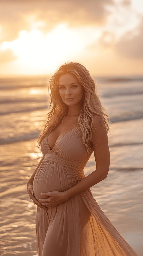 Realistic photo of a pregnant woman standing on the beach at sunset, gently cradling her belly with both hands, wearing a long flowy dress, with soft waves in the background and a calm, peaceful atmosphere. Lake Side Maternity Pictures, Beach Water Maternity Pictures, Maternity Surf Photos, Maternity Photography On The Beach, Maternity Shoot In Water, Maternity Photography Ideas Beach, Beach Pregnancy Outfits, Pregnancy Shoot Beach, Pregnancy Beach Photos