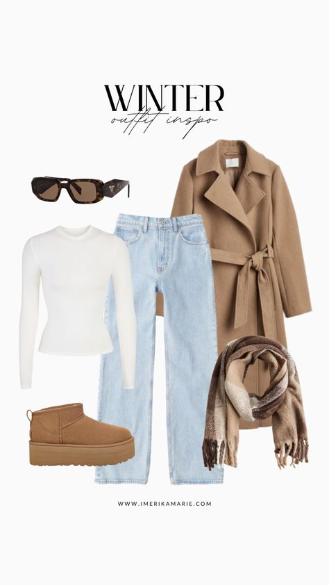 winter outfit Jeans Uggs Outfit Winter, Blue Top Winter Outfit, Outfits With Coats Winter, Bridesmaid Dress Shopping Outfit, How To Style Coats Winter, Outfit With Coat Winter, Winter Ootd Ideas, Winter Outfit Long Coat, Good Winter Outfits