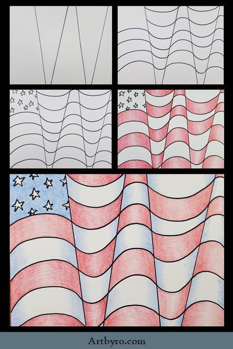 Learn how to create an optical illusion American flag. Full step by step art lesson for kids of all ages. Cc Cycle 3 Drawing, Presidents Day Art Projects For Kids, Waving Flag Drawing, Flag Art Project, Art Tutorial For Beginners, Op Art Lessons, Patriotic Birthday, Step By Step Art, Usa History