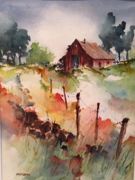 Watercolor Barns, Watercolor Art Landscape, Barn Painting, Watercolor Pictures, Watercolour Inspiration, Watercolor Paintings Easy, Watercolor Painting Techniques, Hur Man Målar, 수채화 그림