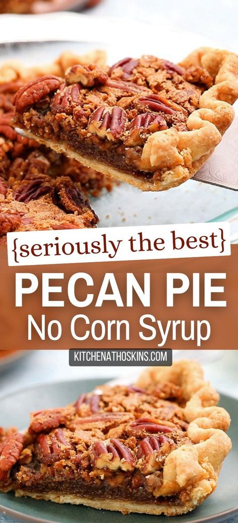 Learn how to make the best pecan pie without corn syrup that is made from scratch with brown sugar and homemade all butter pie crust. This easy Thanksgiving pie recipe has no corn syrup makes a great dessert for holidays like Christmas and Thanksgiving. Pecan Pie Made Without Corn Syrup, Less Sweet Pecan Pie, Not Too Sweet Pecan Pie, Homemade Pecan Pie From Scratch, Pecan Pie Recipe No Corn Syrup, No Corn Syrup Pecan Pie, Old Fashioned Pecan Pie Recipe, Pecan Pie No Corn Syrup, Pecan Pie Recipe Without Corn Syrup