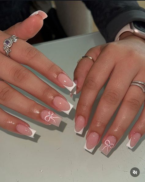 Acrylic Nail Birthday Set, Pink N White French Nails, Cute Pink French Tips, Pink French Tips With Design, French Tip Nails With Butterflies, French Nails Design 2024, Acrylic Nail Designs Birthday, Pink Nails With White French Tip, Gel X Nails French Tip