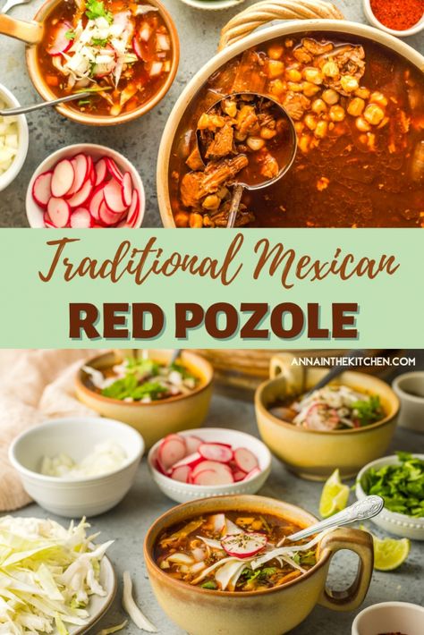 mexican food | pozole rojo | red pozole | mexican soup | mexican food authentic | easy mexican recipes | pork recipes | chicken recipes | corn recipes Colombian Soup, Red Chicken Pozole, Authentic Posole Recipe, Easy Posole Recipe, Red Posole Recipe, Pazole Recipe, Pozole Recipe Pork, Easy Pozole Recipe, Posole Recipe Chicken