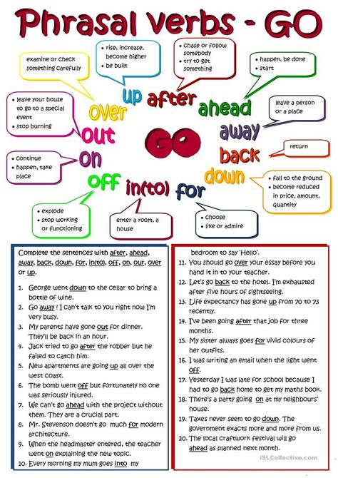 Phrasal verbs - GO - English ESL Worksheets for distance learning and physical classrooms Common Phrasal Verbs, Word Puzzles For Kids, Hello English, Verbs Activities, Elementary Worksheets, Teaching English Grammar, Verb Worksheets, English Grammar Worksheets, Grammar Practice