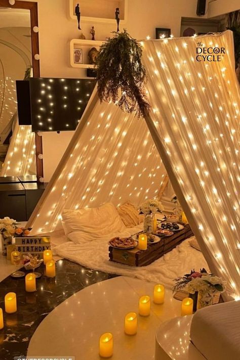 Cozy dinner set up for two, Date Night decoration, Date Night Set Up, Birthday sit down Dinner set up Date Night Decorations At Home, Home Dinner Date Ideas, Tent With Fairy Lights, At Home Dinner Date Ideas, Husband Birthday Decorations, Date Night Decor, Tee Pee Tent, Night Table Decor, Dinner Date At Home