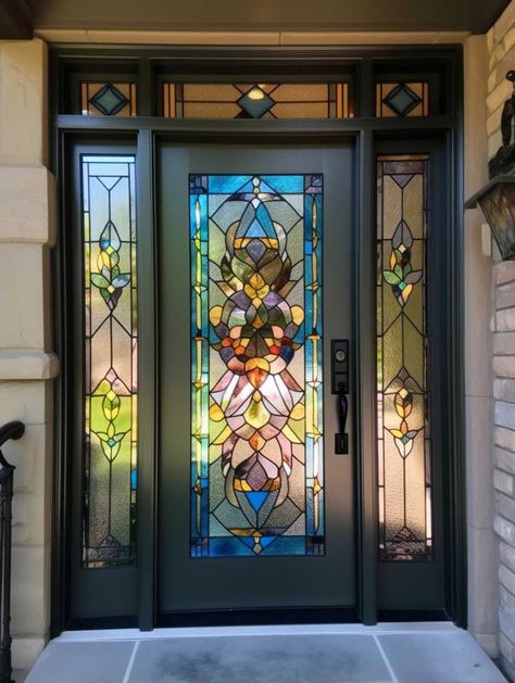 15+ Stunning Stained Glass Front Door Designs for a Unique Entryway • 333+ Art Images Modern Stainglass Windows, Craftsman Doors With Leaded Glass Exterior Front Entry, Stained Glass Patio Doors, Stained Glass Over Door, Windows By Front Door, Stained Glass Front Door Ideas, Stained Glass Entry Door, Stained Glass Windows Front Door, Stained Glass Window Door