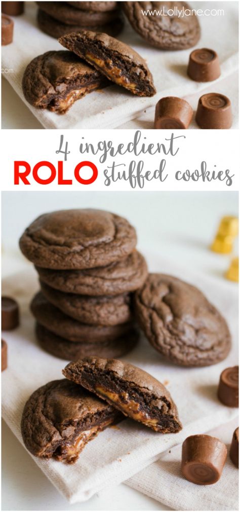 Cookie Easy Recipe, Rolo Cookies, Cake Mix Cookie, Caramel Treats, Stuffed Cookies, Chocolate Cake Cookies, Think Food, Cake Mix Recipes, Cake Mix Cookies